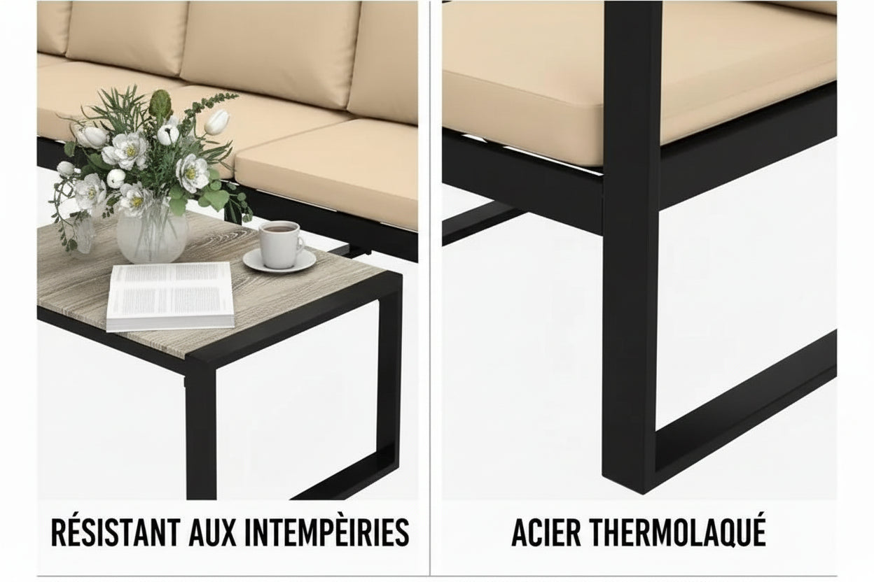 Bahia | Salon de jardin 4 pièces avec table basse effet bois