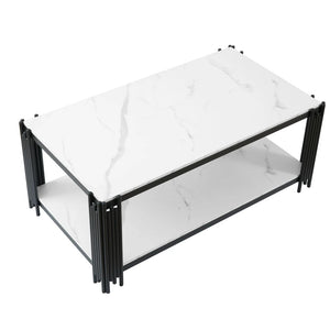 Domino | Table basse rectangulaire bicolore effet marbre, piétement métal, 114x64x46 cm