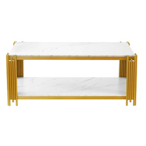 Domino | Table basse rectangulaire bicolore effet marbre, piétement métal, 114x64x46 cm