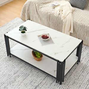 Domino | Table basse rectangulaire bicolore effet marbre, piétement métal, 114x64x46 cm