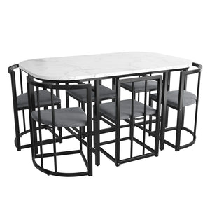 Élégante | Ensemble table blanche et 6 chaises velours gris, structure dorée
