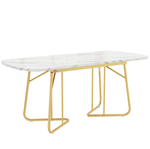 Athéna | Table de salle à manger extensible, plateau effet marbre blanc, pieds acier doré