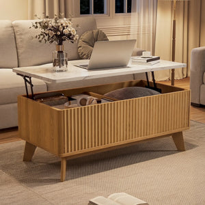 Ascension | Table basse relevable effet marbre et chêne clair, rangement intégré, 105x84x42 cm