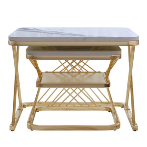 Duo Onyx | Duo de tables basses effet marbre, piétement fer noir et doré