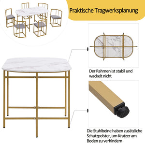 Élégante | Ensemble table blanche et 6 chaises velours gris, structure dorée