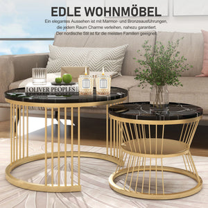 Duo Ébène | Duo de tables gigognes rondes effet marbre, piétement métal noir