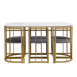 Élégante | Ensemble table blanche et 6 chaises velours gris, structure dorée