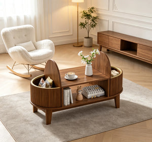 Ascension | Table basse relevable effet marbre et chêne clair, rangement intégré, 105x84x42 cm