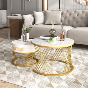 Duo Rotin | Duo de tables basses rondes effet marbre et rotin, tiroirs bois