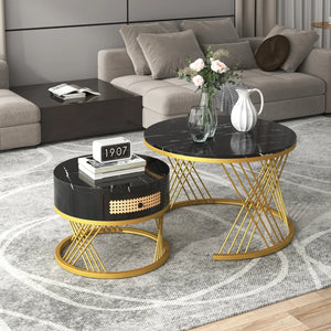Duo Rotin | Duo de tables basses rondes effet marbre et rotin, tiroirs bois