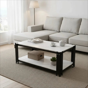 Domino | Table basse rectangulaire bicolore effet marbre, piétement métal, 114x64x46 cm
