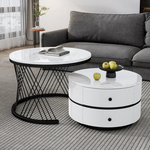 Reflet | Duo de tables gigognes rondes effet marbre brillant, 2 tiroirs