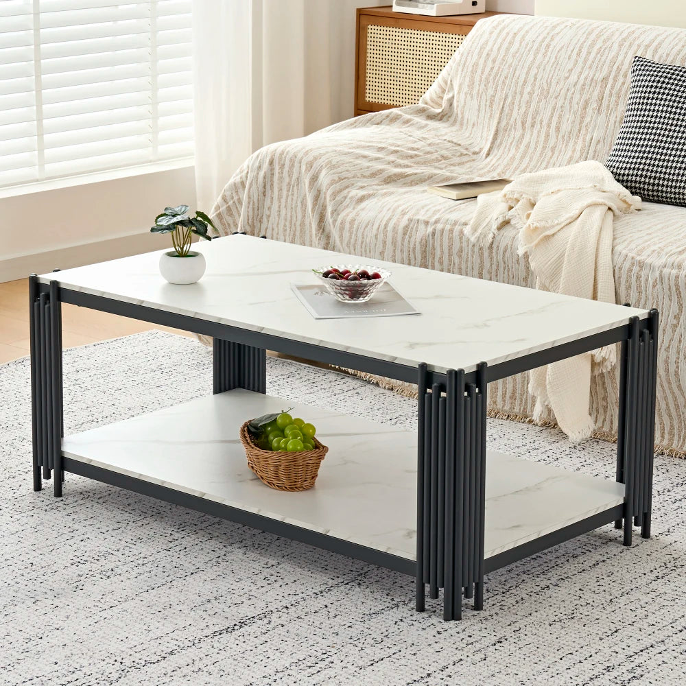 Domino | Table basse rectangulaire bicolore effet marbre, piétement métal, 114x64x46 cm