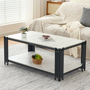 Domino | Table basse rectangulaire bicolore effet marbre, piétement métal, 114x64x46 cm