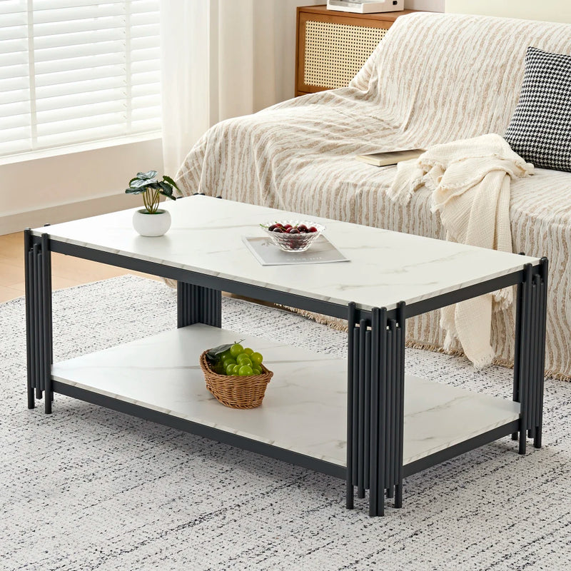 Domino | Table basse rectangulaire bicolore effet marbre, piétement métal, 114x64x46 cm