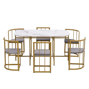 Élégante | Ensemble table blanche et 6 chaises velours gris, structure dorée