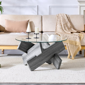 Cristal | Table basse ronde en verre trempé, base croisée imitation bois