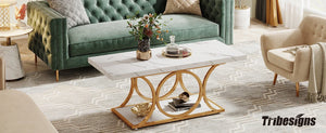 Manhattan | Table basse rectangulaire effet marbre blanc, pieds dorés, 118x56,5x48 cm