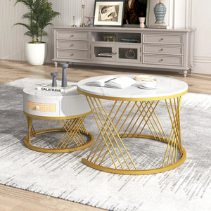 Duo Rotin | Duo de tables basses rondes effet marbre et rotin, tiroirs bois