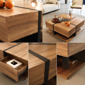 78×78×36cm Black Wood Grain Square Coffee Table with 4 Drawers & Lower Storage Shelf, Particle Board Construction, Max Load 50kg, Unique Color Line Pattern Design