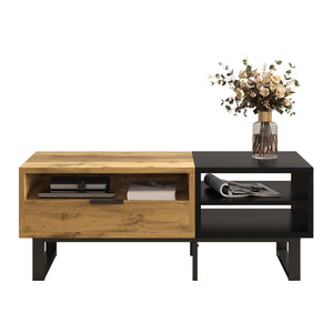 Contraste | Table basse noire et bois avec tiroir et 3 compartiments