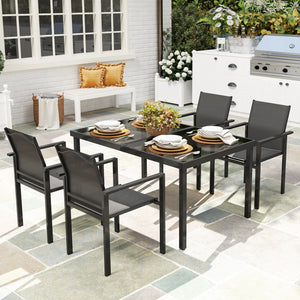 Onyx - Table de jardin verre trempé avec 4 chaises empilables noires