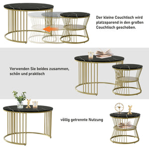 Duo Ébène | Duo de tables gigognes rondes effet marbre, piétement métal noir