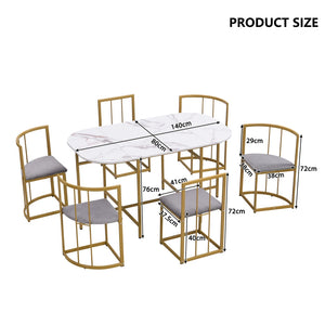 Élégante | Ensemble table blanche et 6 chaises velours gris, structure dorée