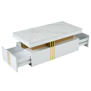 Éclipse | Table basse rectangulaire effet marbre haute brillance, 2 tiroirs bois, 100x50x40 cm