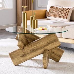 Verrière | Table basse ronde en verre trempé, base croisée imitation bois