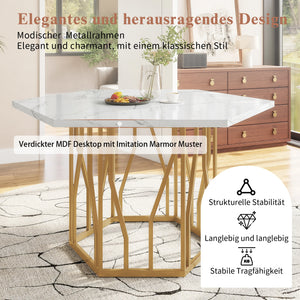 Hexagone | Table basse hexagonale effet marbre, piétement branches dorées