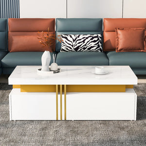 Éclipse | Table basse rectangulaire effet marbre haute brillance, 2 tiroirs bois, 100x50x40 cm