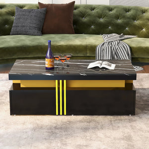 Éclipse | Table basse rectangulaire effet marbre haute brillance, 2 tiroirs bois, 100x50x40 cm