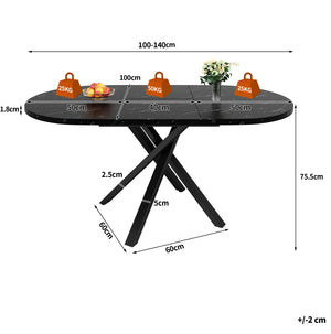Carrare | Table de salle à manger ronde extensible, plateau effet marbre, piétement acier noir en X