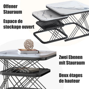 Duo Onyx | Duo de tables basses effet marbre, piétement fer noir et doré