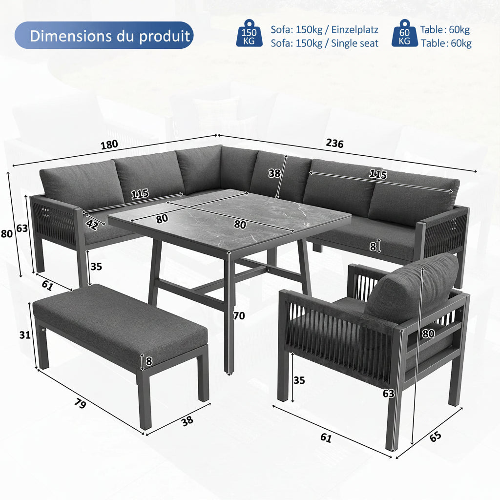 Panorama | Salon de jardin en L pour 8 personnes, coussins gris