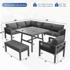 Panorama | Salon de jardin en L pour 8 personnes, coussins gris
