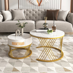 Duo Rotin | Duo de tables basses rondes effet marbre et rotin, tiroirs bois