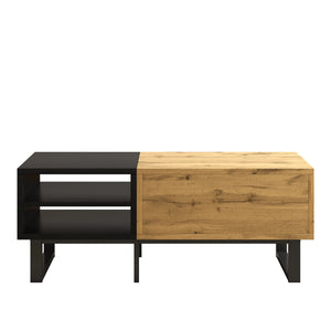 Contraste | Table basse noire et bois avec tiroir et 3 compartiments