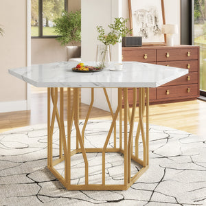 Hexagone | Table basse hexagonale effet marbre, piétement branches dorées