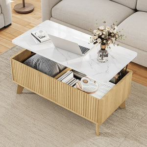 Ascension | Table basse relevable effet marbre et chêne clair, rangement intégré, 105x84x42 cm