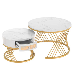 Duo Rotin | Duo de tables basses rondes effet marbre et rotin, tiroirs bois