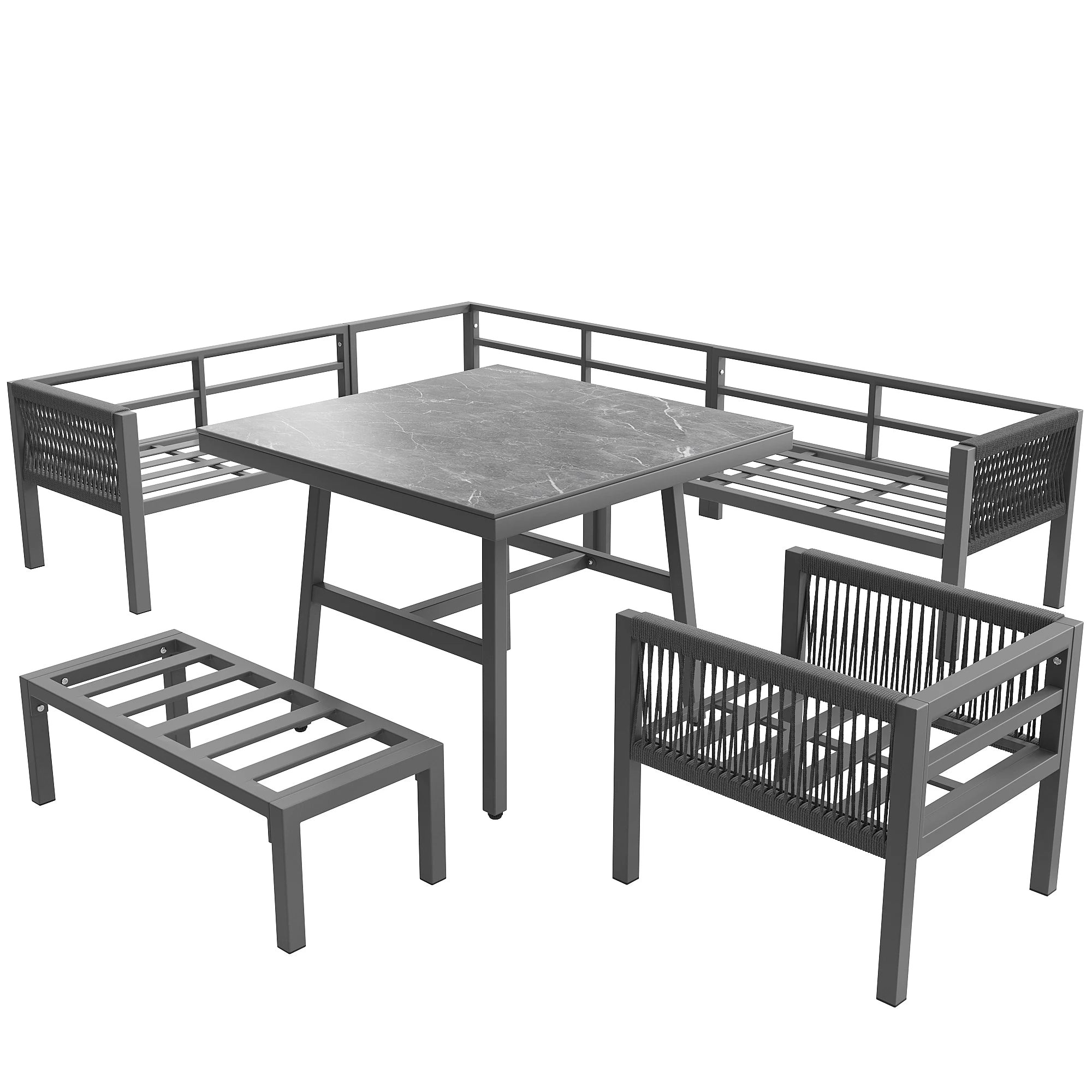 Panorama | Salon de jardin en L pour 8 personnes, coussins gris