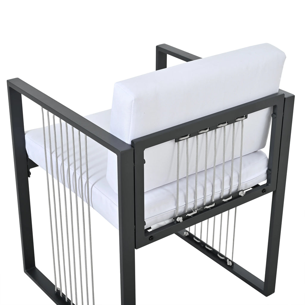 Séville | Ensemble repas 7 pièces, 4 fauteuils cordés et 2 poufs, table verre trempé