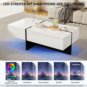Aurore | Table basse bicolore effet marbre blanc et noir, LED connectée, 3 tiroirs