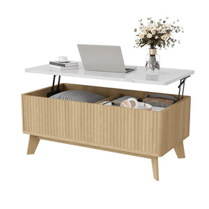 Ascension | Table basse relevable effet marbre et chêne clair, rangement intégré, 105x84x42 cm