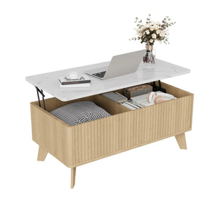 Ascension | Table basse relevable effet marbre et chêne clair, rangement intégré, 105x84x42 cm