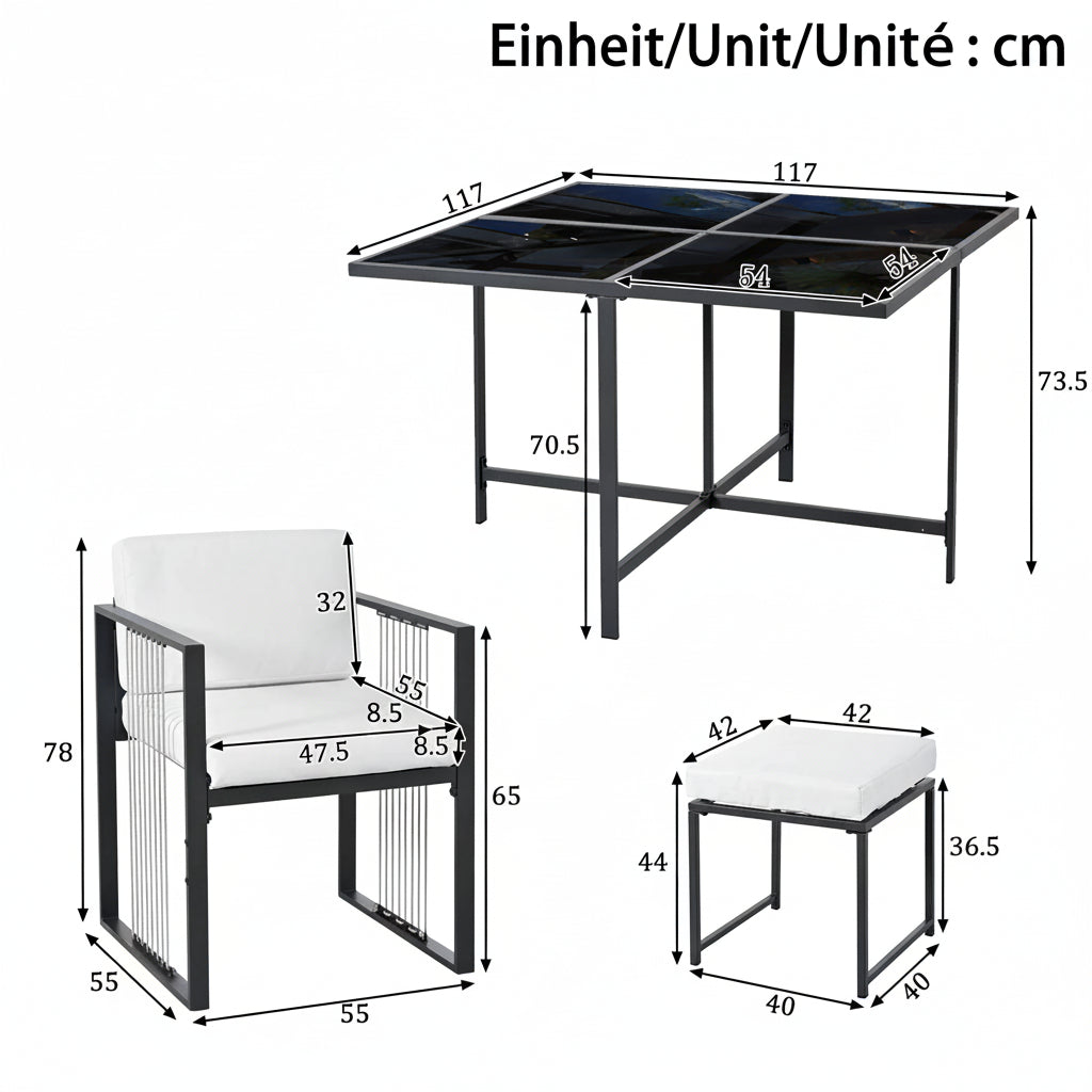 Séville | Ensemble repas 7 pièces, 4 fauteuils cordés et 2 poufs, table verre trempé