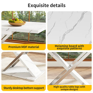Marbella | Table de salle à manger extensible, plateau effet marbre, piétement croisé