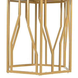 Hexagone | Table basse hexagonale effet marbre, piétement branches dorées